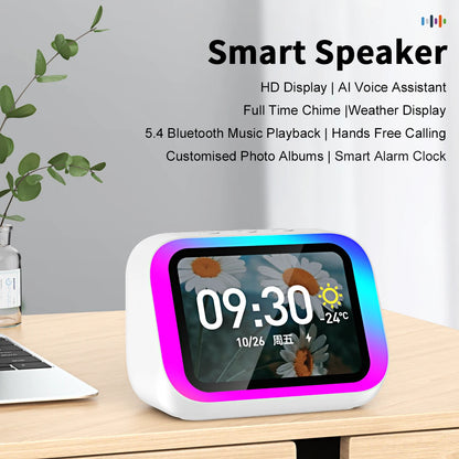 WHITE Color AI Smart Bluetooth Speaker – HD Touchscreen & Alarm